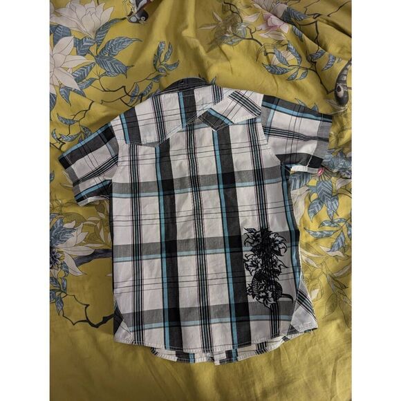 Vintage Y2K Micros boys Large Grey Short Sleeve Casual Button Down Shirt - Picture 3 of 6